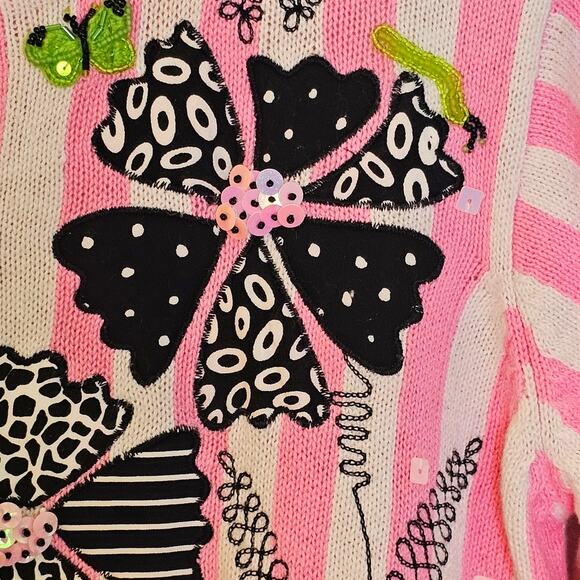 Vintage Design Options Pink & White Striped Knit Button Up Cardigan Sweater - Picture 4 of 7